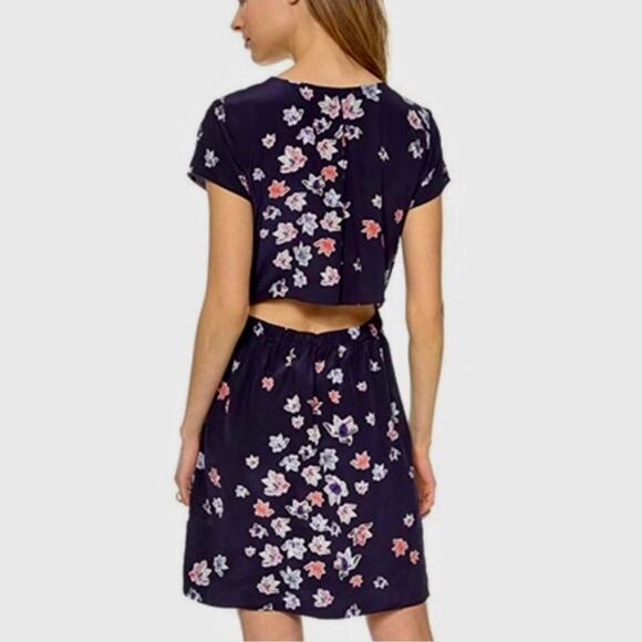 Club Monaco Ruth 100% Silk Navy Floral Open Back Dress pink blue 00 - Picture 1 of 15